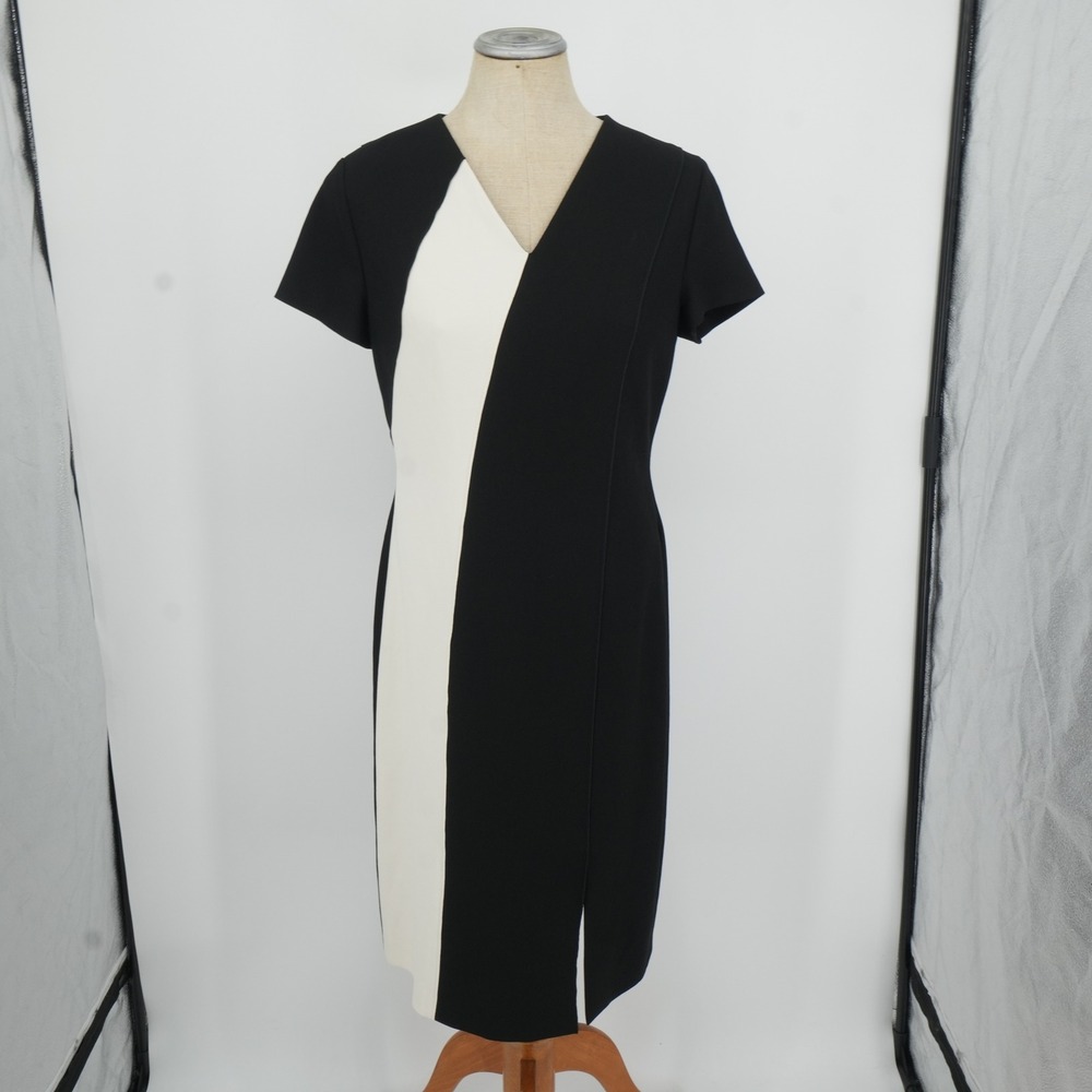 BOSS Sheath Dress Women 8 Black White Colorblock V-Neck Midi Professional Work